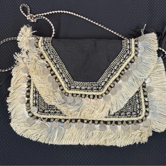 Boho Fringe Coin Crossbody Bag - Black & Cream - Picture 3 of 7